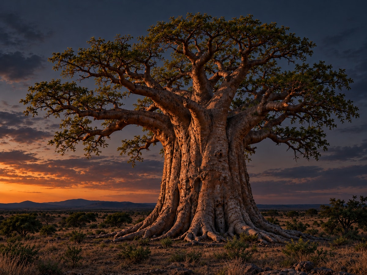 A baobab tree with a broad canopy, a thick trunk, and spreading roots in an evening savanna